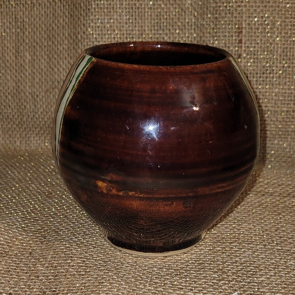 Handmade Art Deco Pottery Vase Planter Cachepot Brown w Green & Orange Design - Picture 4 of 6